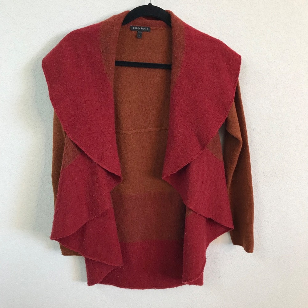 Eileen Fisher Open Front Merino Wool Cardigan XS Red/Orange Draped Front